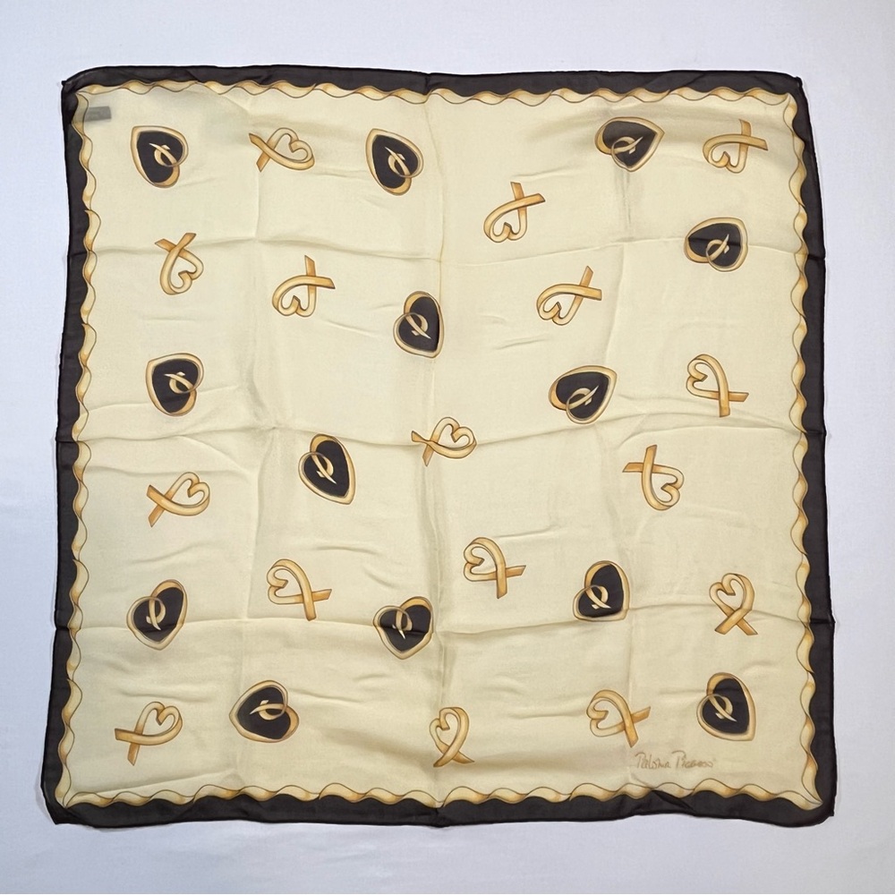 Paloma Picasso Vintage Made In Italy ”Hugs & Kisses” Silk Scarf Yellow & Brown - Picture 3 of 7